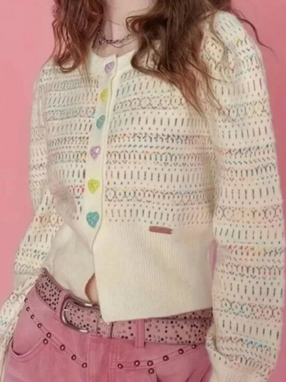 Cream Beige Love Heart Colorful Button Cardigan Sweater - Picture 2 of 5